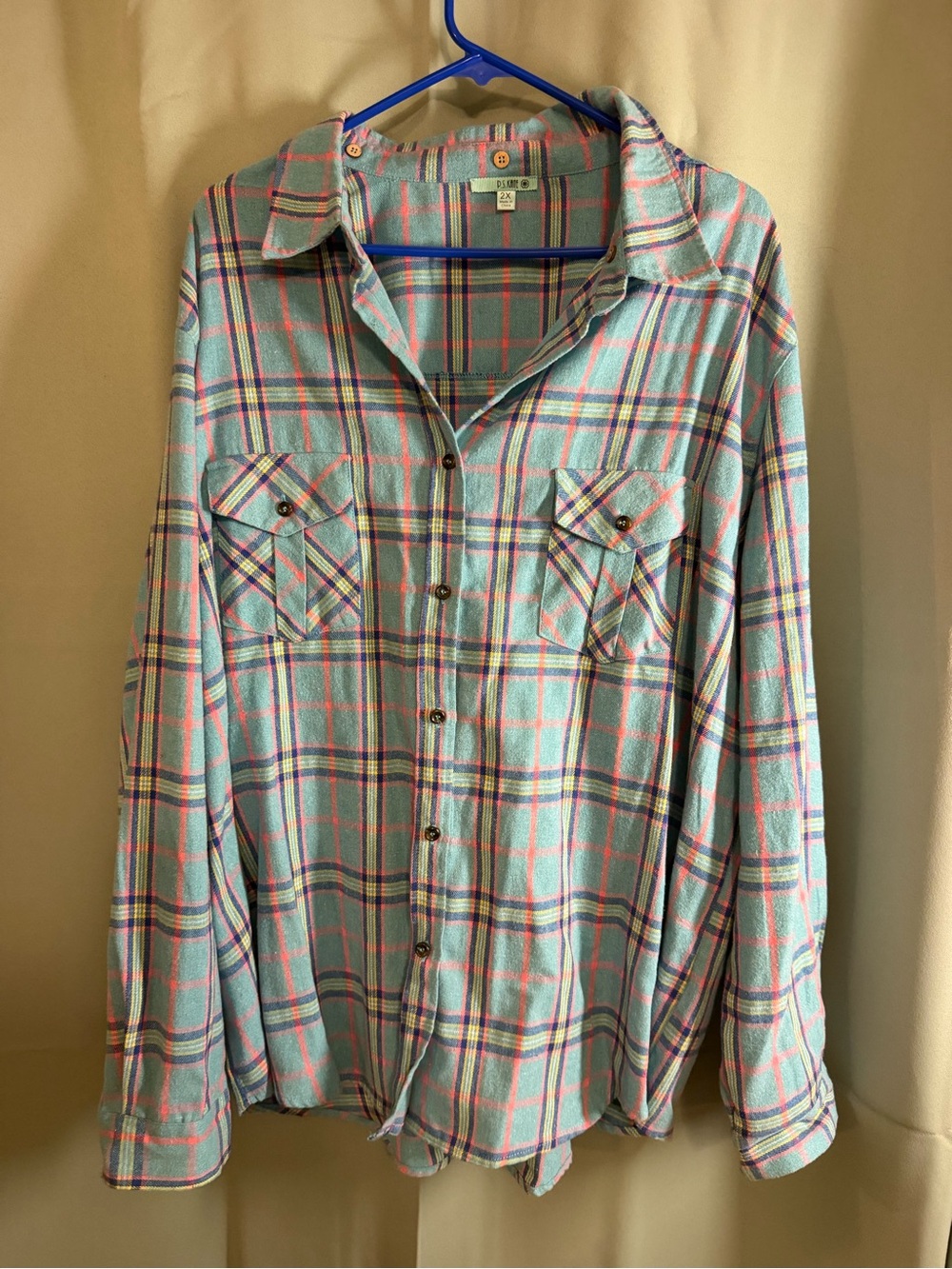 Light Blue Plaid Button-Down Flannel Shirt - Women